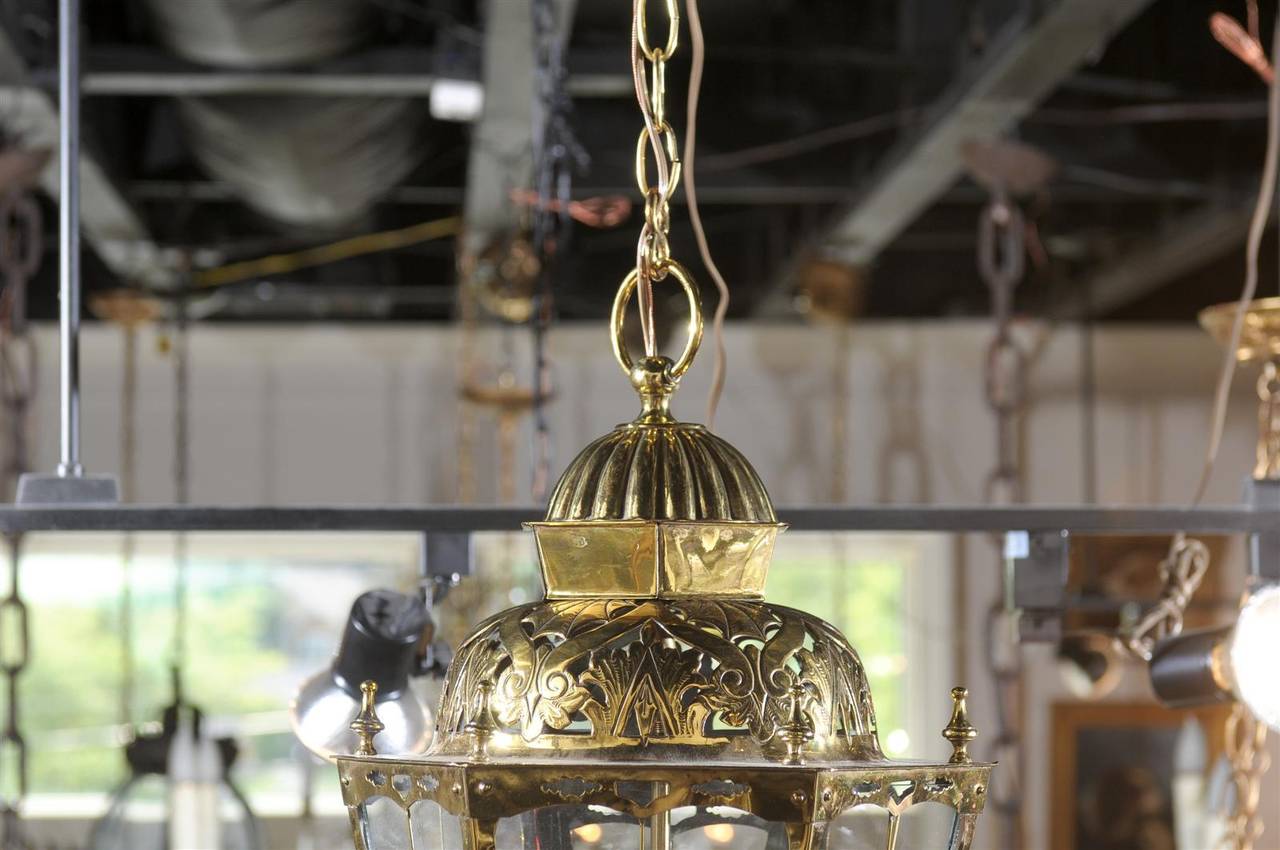 English Brass Three-Light Lantern with Glass Panels and Pierced Top, circa 1890 5