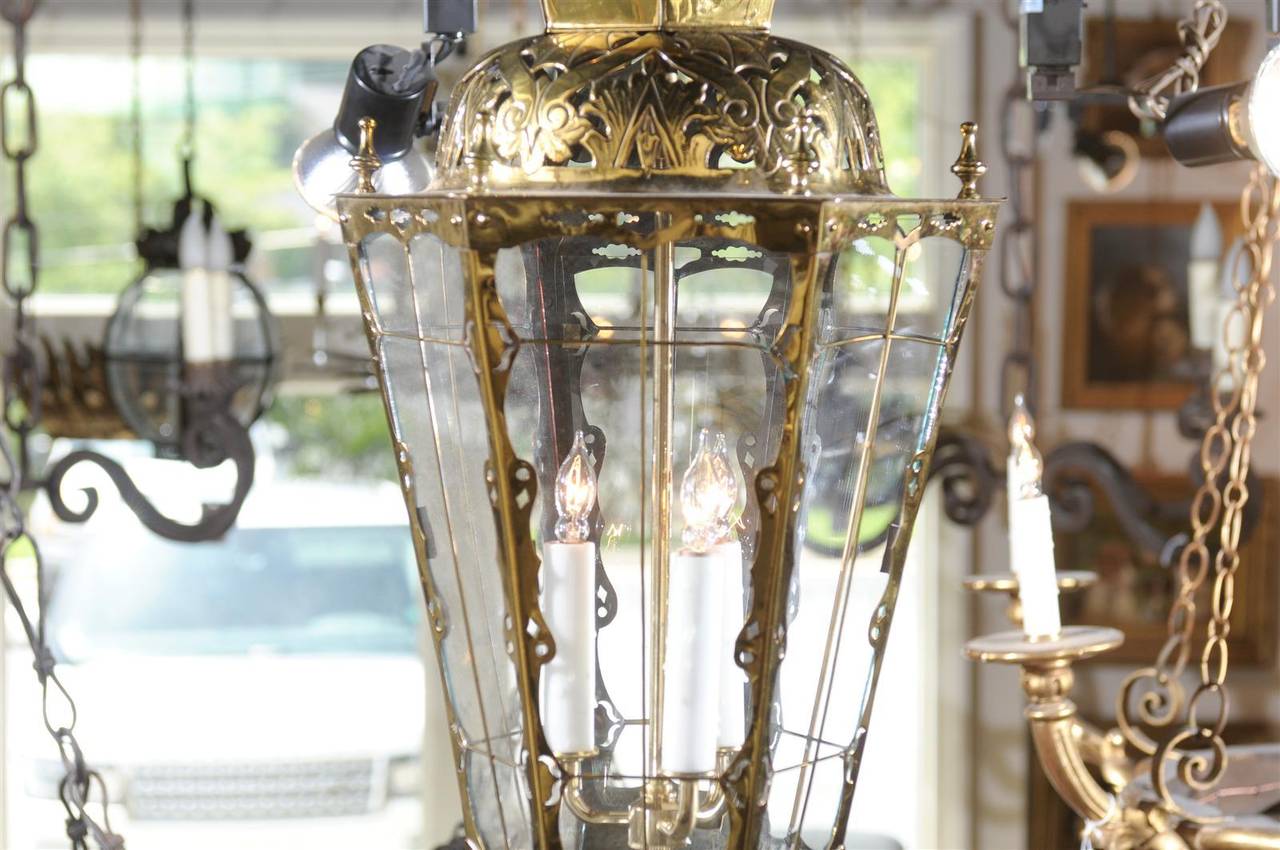 English Brass Three-Light Lantern with Glass Panels and Pierced Top, circa 1890 1