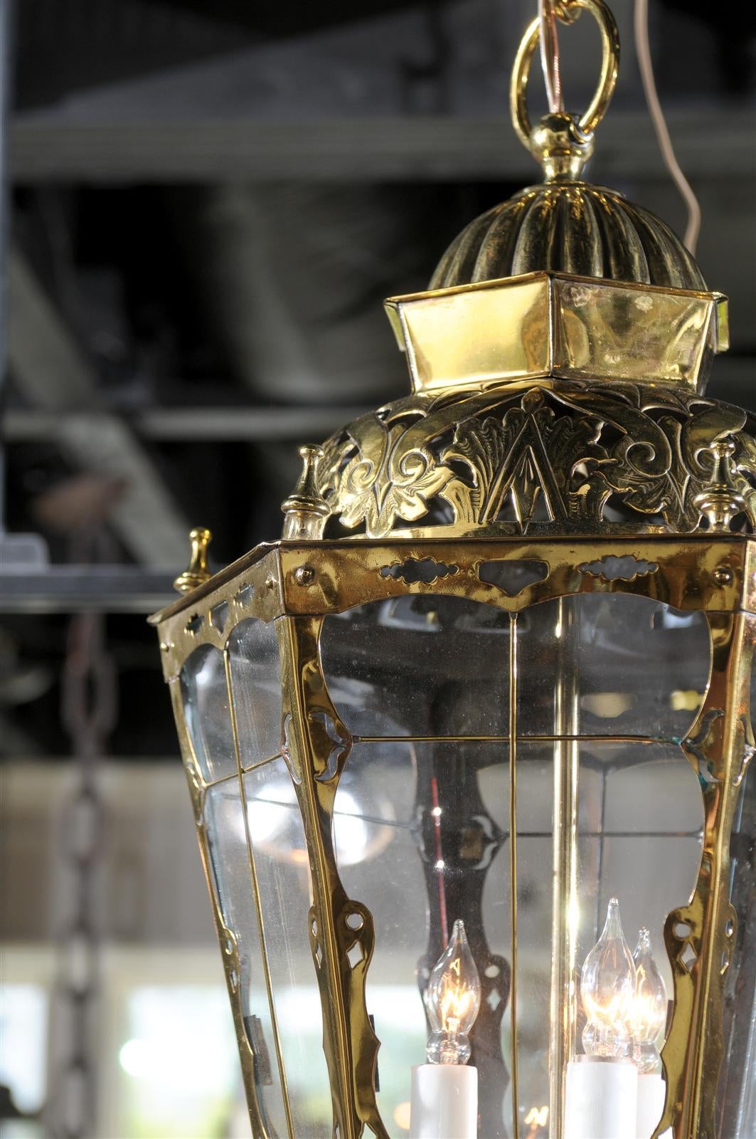 19th Century English Brass Three-Light Lantern with Glass Panels and Pierced Top, circa 1890