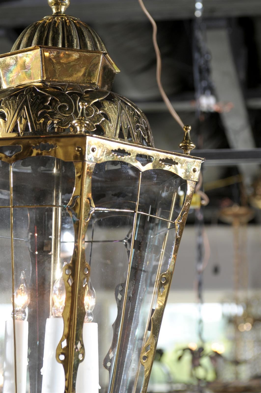 English Brass Three-Light Lantern with Glass Panels and Pierced Top, circa 1890 4