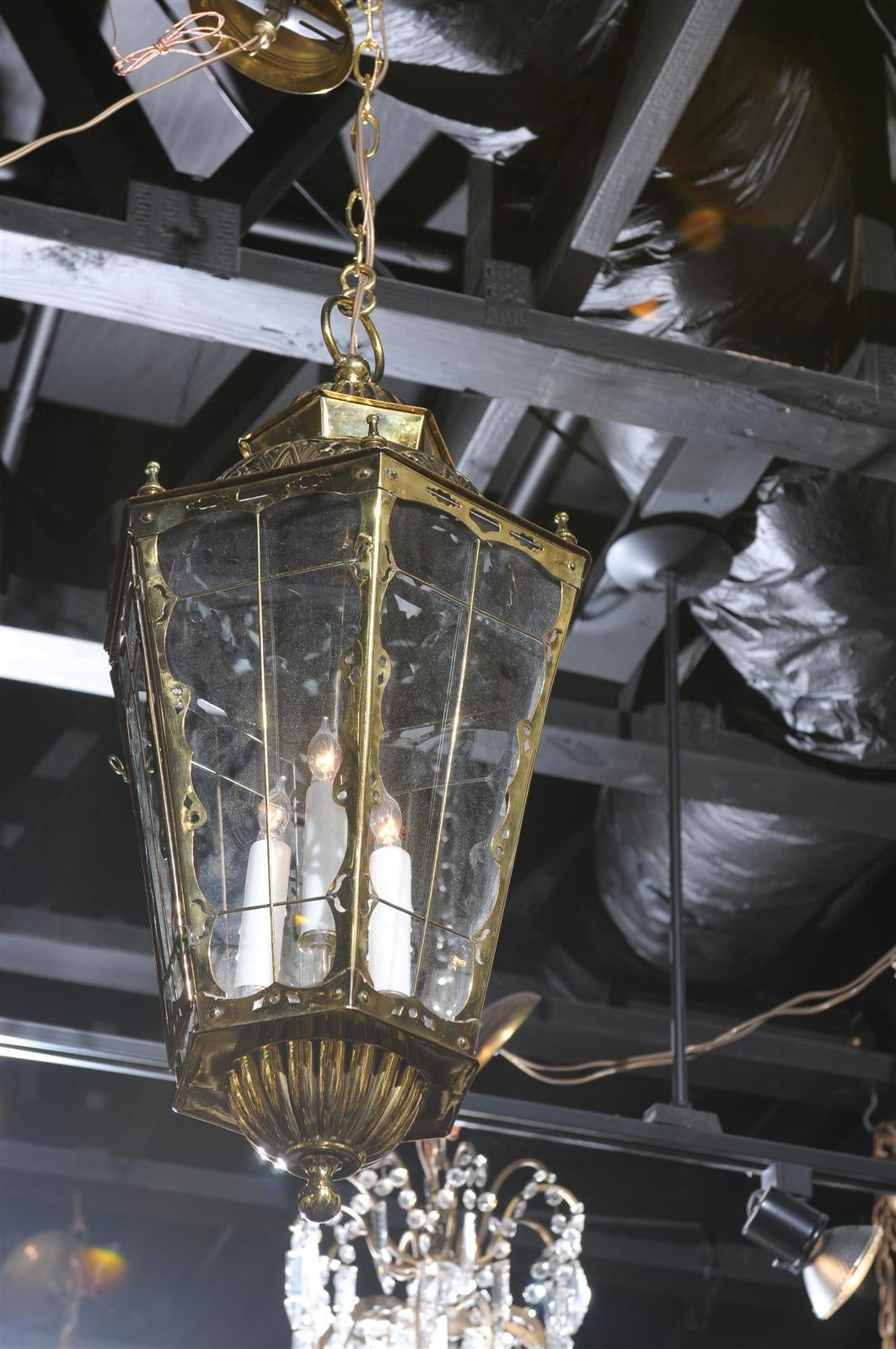 English Brass Three-Light Lantern with Glass Panels and Pierced Top, circa 1890 2