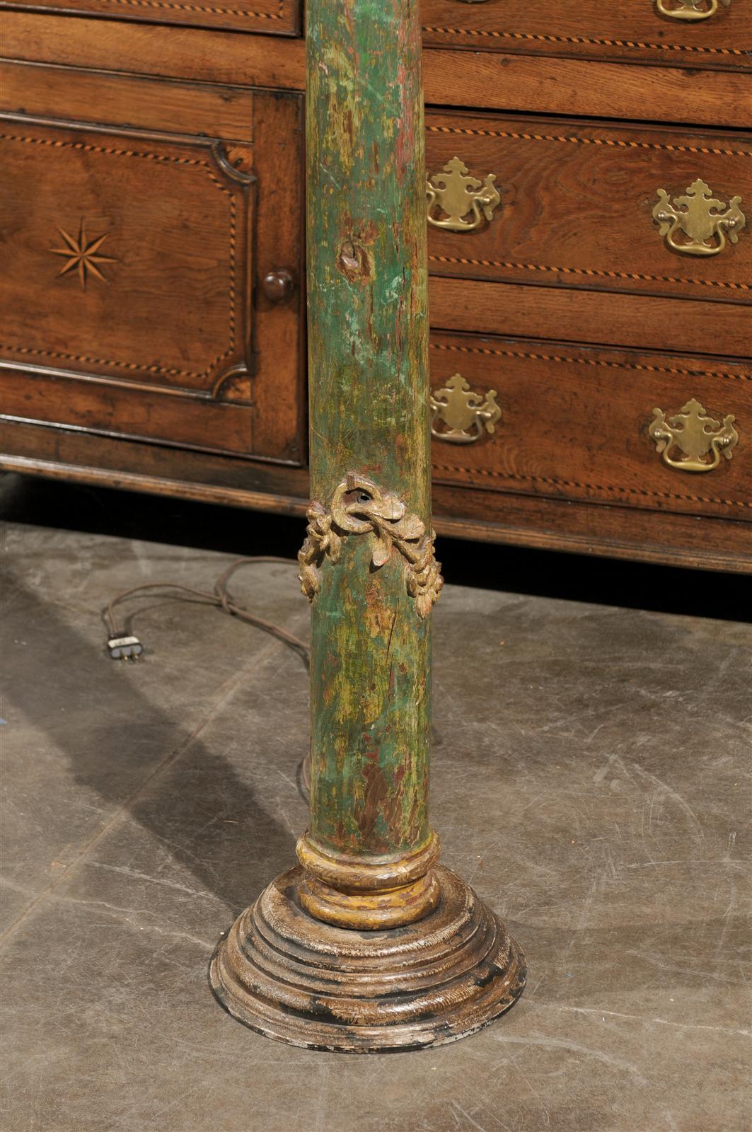 Italian Wooden Floor Lamp of Green Color, circa 1800 with Corinthian Capital 5