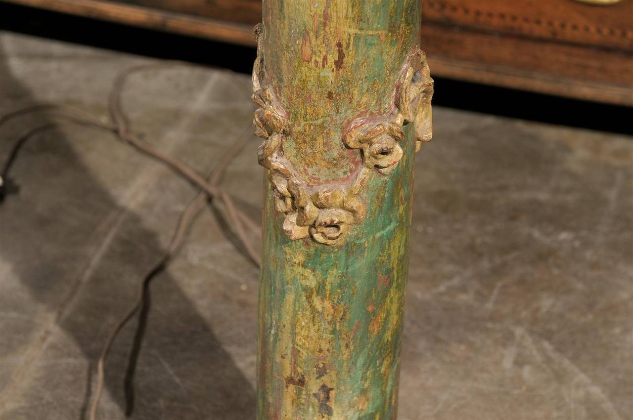 19th Century Italian Wooden Floor Lamp of Green Color, circa 1800 with Corinthian Capital