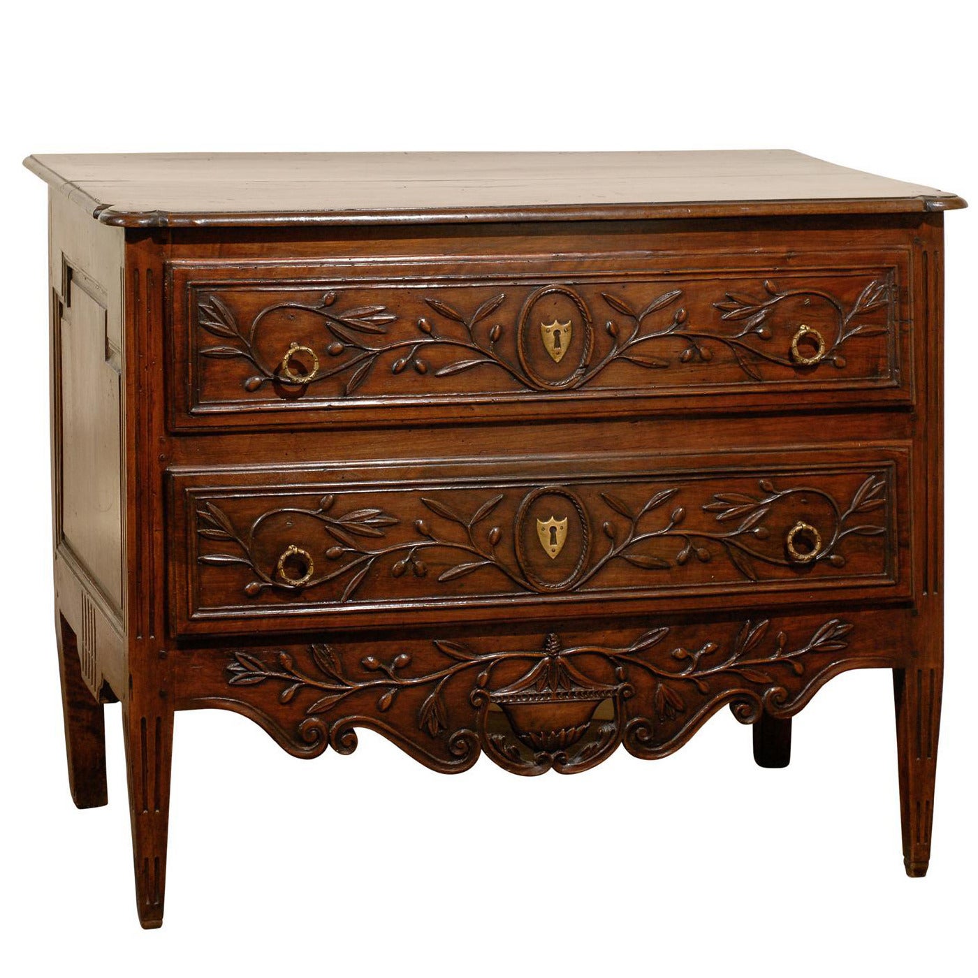 French Early 19th Century Two-Drawer Commode with Foliage Décor and Tapered Legs