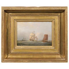 English 1850s Oil Painting on Board Depicting Ships at Sea Signed John Swift 2