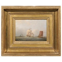 English 1850s Oil Painting on Board Depicting Ships at Sea Signed John Swift
