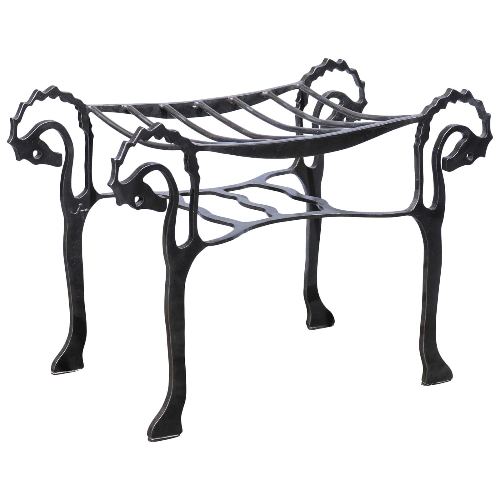 Petite Steel Bench with Seahorse Heads, Hoofed Feet and Shelf, circa 1950 For Sale