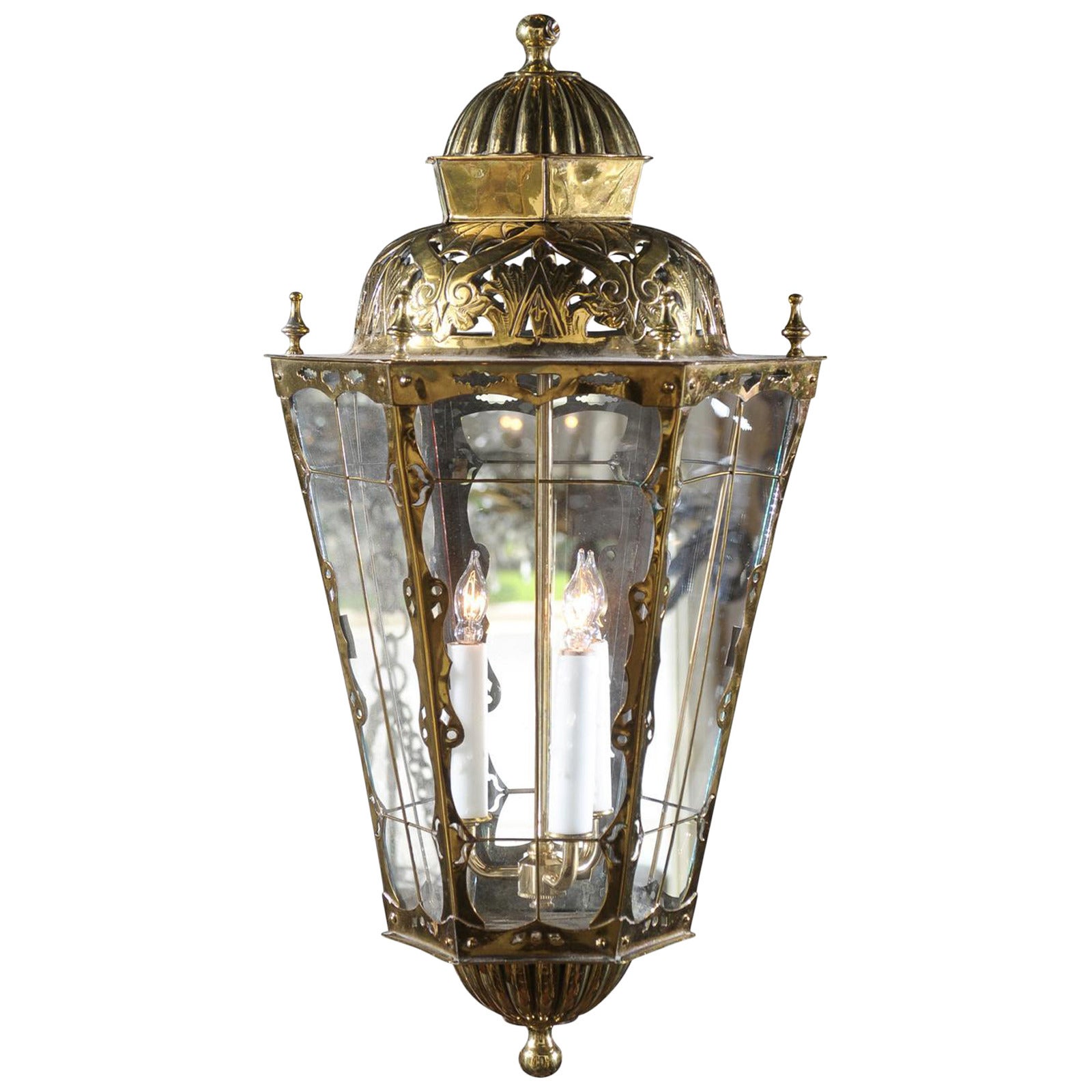 English Brass Three-Light Lantern with Glass Panels and Pierced Top, circa 1890