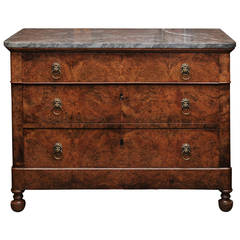 French 1870 Burl Walnut Three-Drawer Commode with Grey Marble Top and Lion Pulls