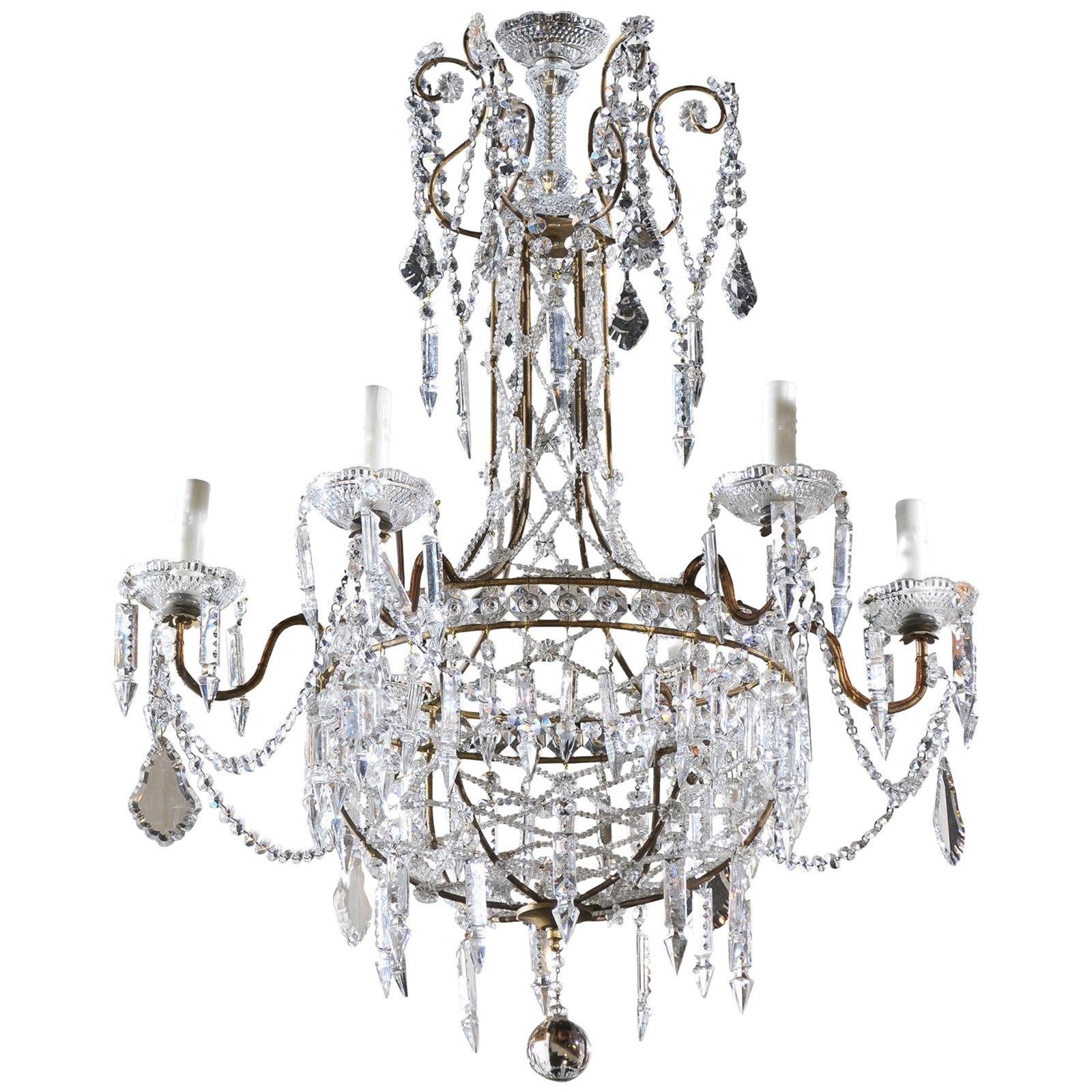 Italian Six-Light Crystal Basket Chandelier from the Early 20th Century For Sale