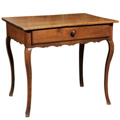Antique French 1820s Restauration Walnut Side Table with Single Drawer and Cabriole Legs