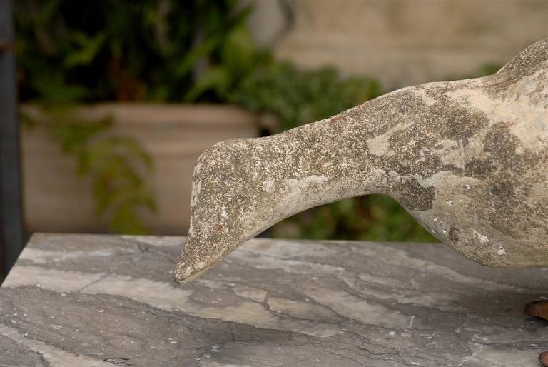 Carved Stone Duck Sculpture with Iron Webbed Feet from the 1930s 4