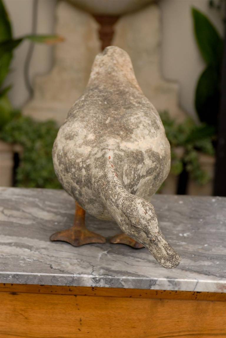 Carved Stone Duck Sculpture with Iron Webbed Feet from the 1930s 1