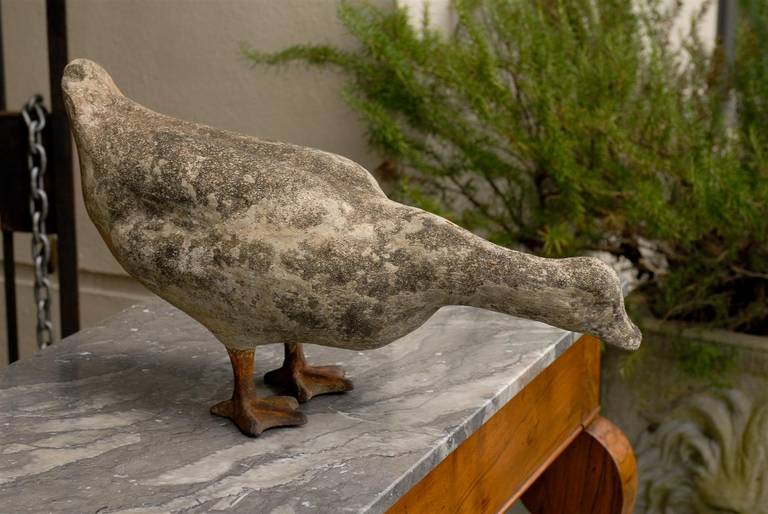 Carved Stone Duck Sculpture with Iron Webbed Feet from the 1930s 3