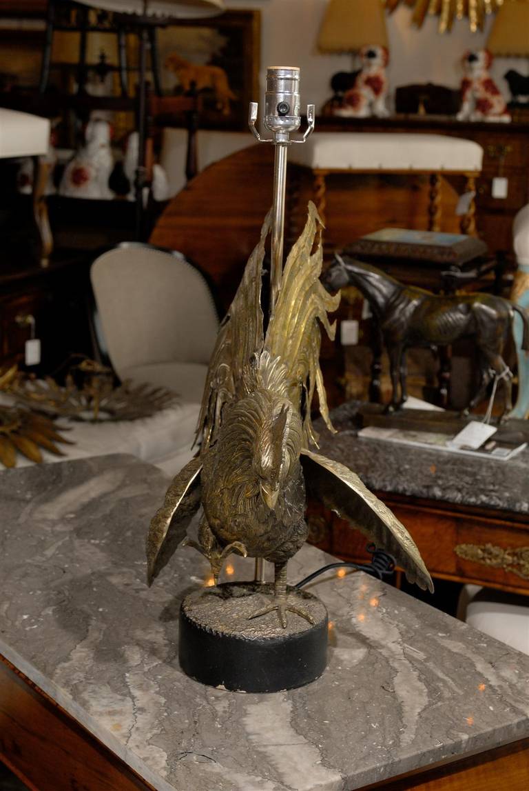 20th Century Vintage Italian Brass Rooster Table Lamp on Old Iron Circular Base For Sale