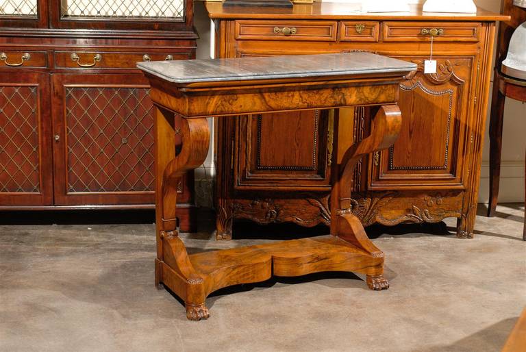 19th Century French Louis Philippe Walnut Marble-Top Console with Shaped Base In Excellent Condition In Atlanta, GA