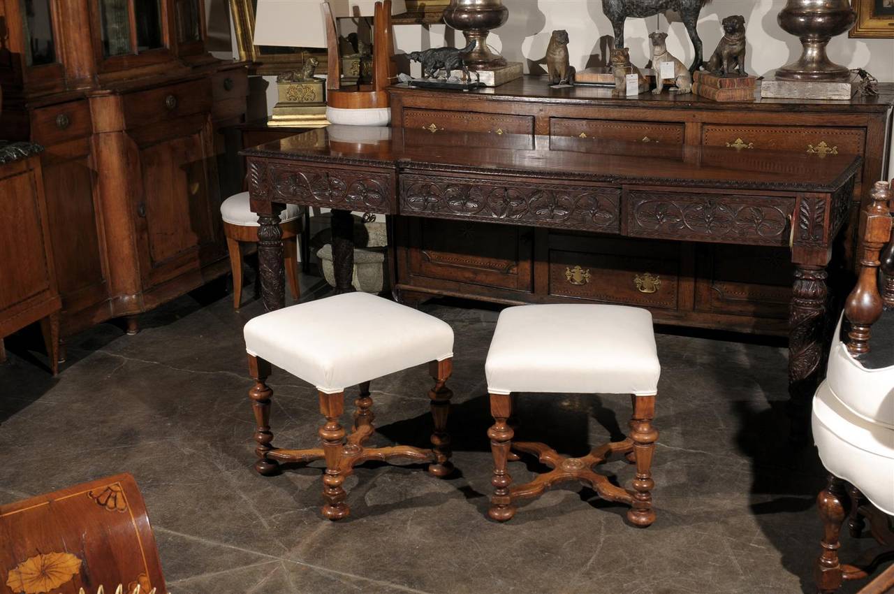 Pair of English Upholstered Walnut Stools with Carved Stretcher In Excellent Condition In Atlanta, GA