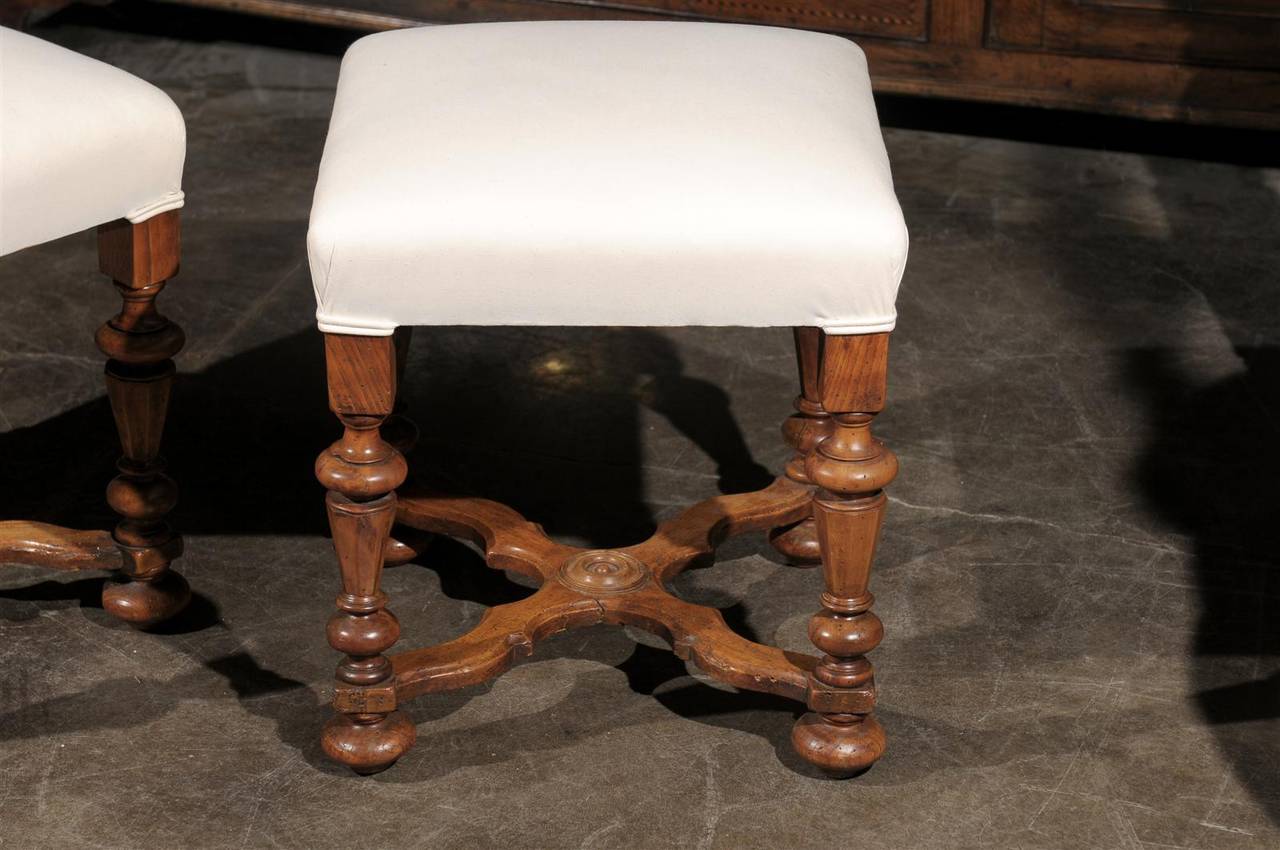 19th Century Pair of English Upholstered Walnut Stools with Carved Stretcher