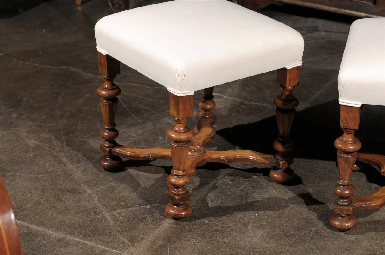 Pair of English Upholstered Walnut Stools with Carved Stretcher 4