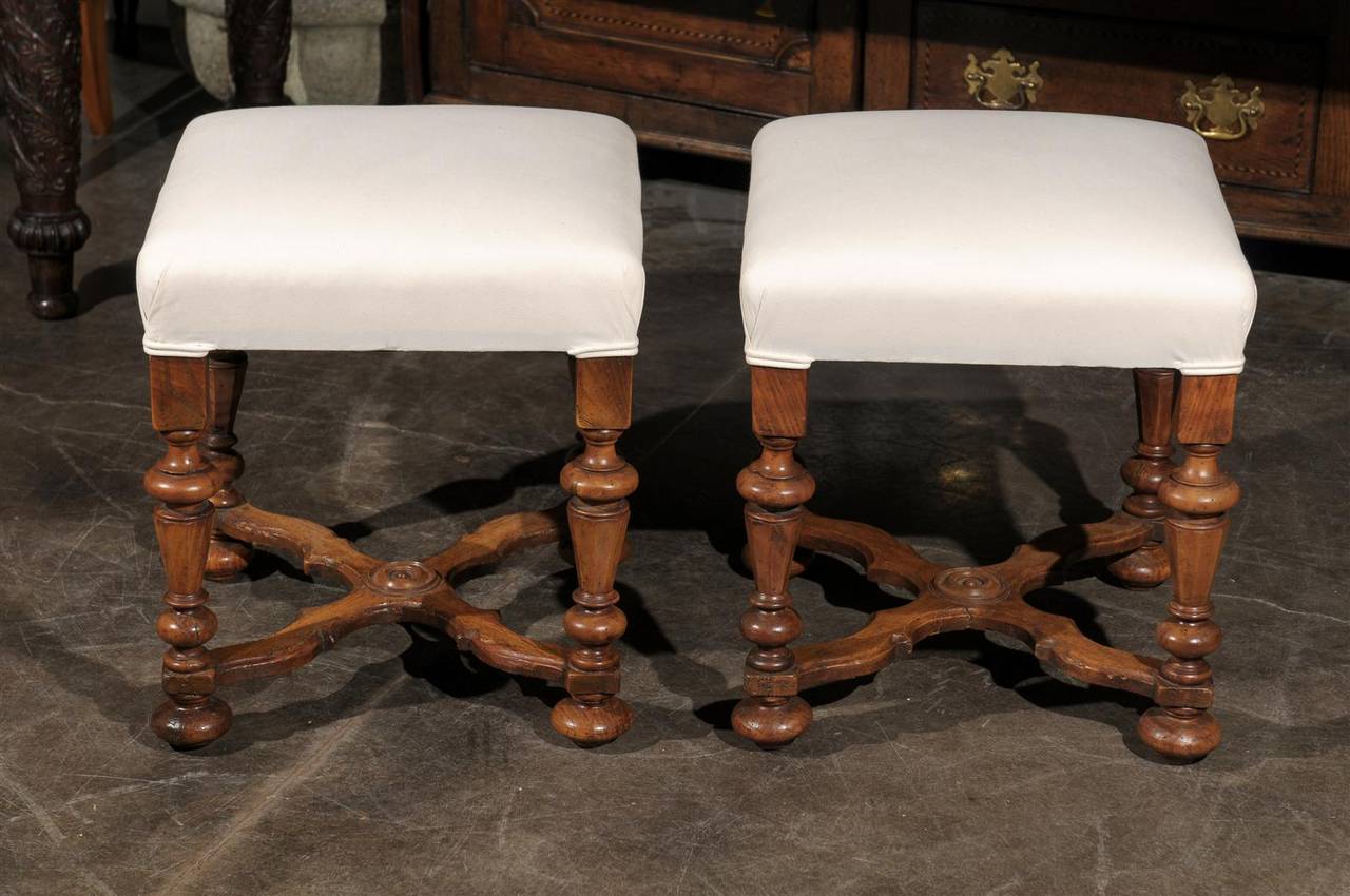 Pair of English Upholstered Walnut Stools with Carved Stretcher 2
