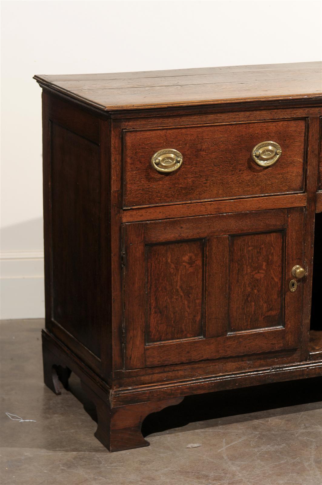 English Oak Dresser Base with Three Drawers over Two Doors and Shelf, circa 1800 1