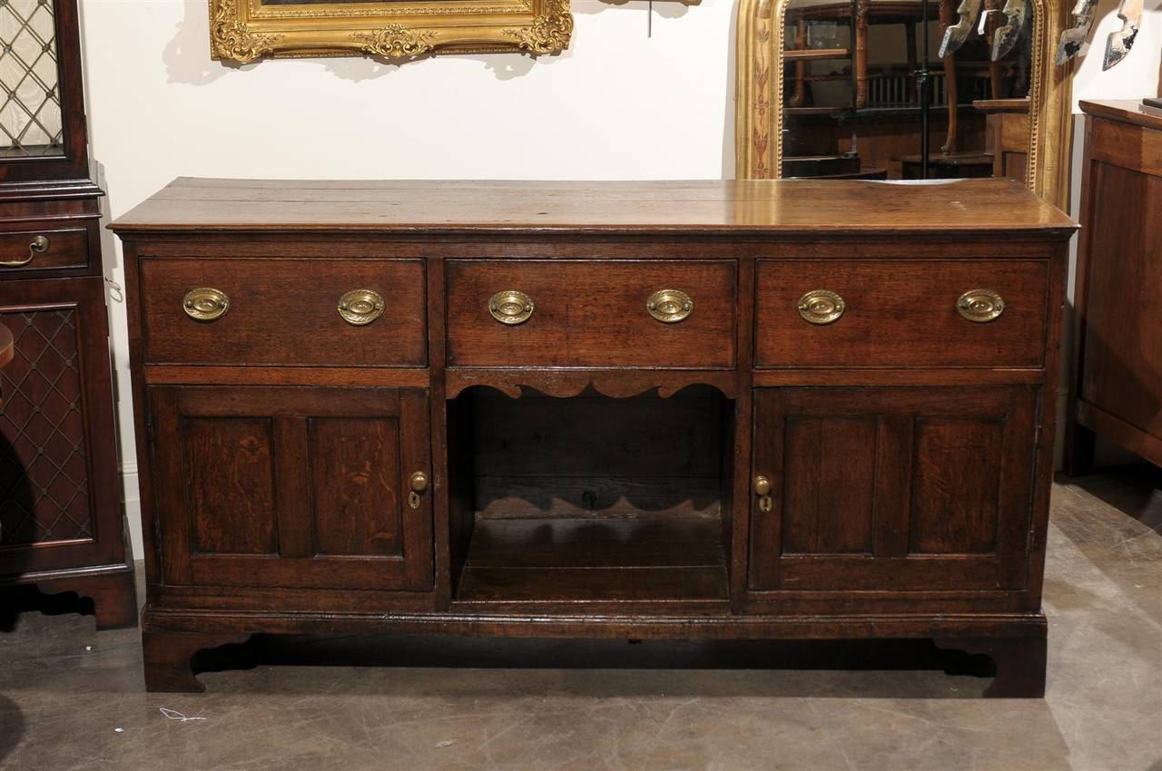 English Oak Dresser Base with Three Drawers over Two Doors and Shelf, circa 1800 6