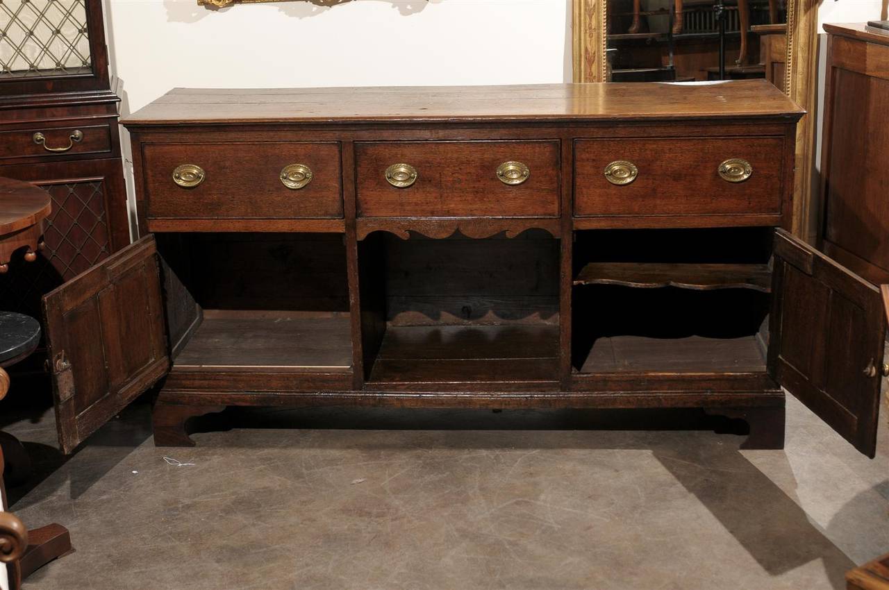 19th Century English Oak Dresser Base with Three Drawers over Two Doors and Shelf, circa 1800