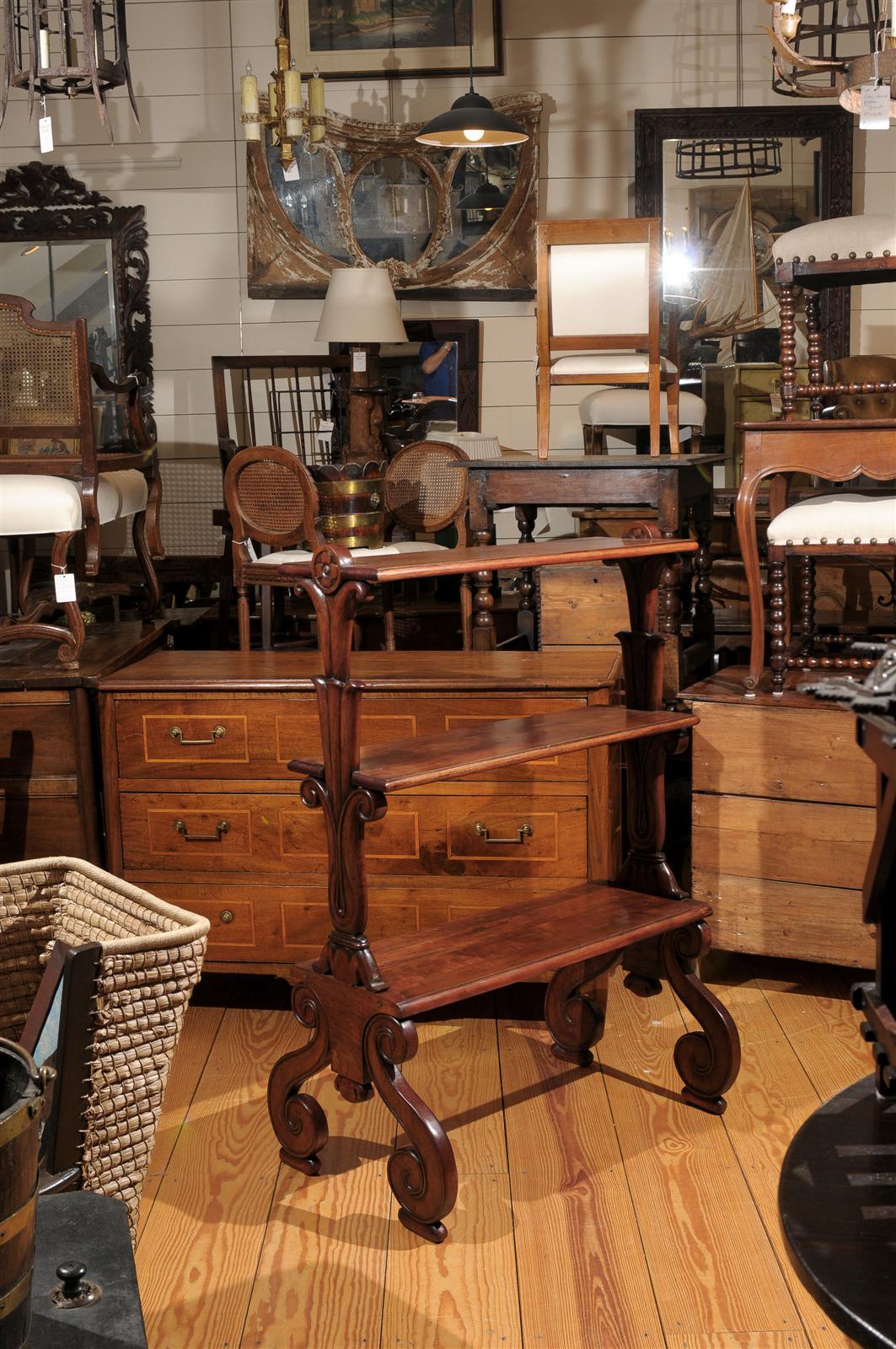 Unknown Mahogany Three-Tiered Shelf with Scrolled Legs from the Late 19th Century