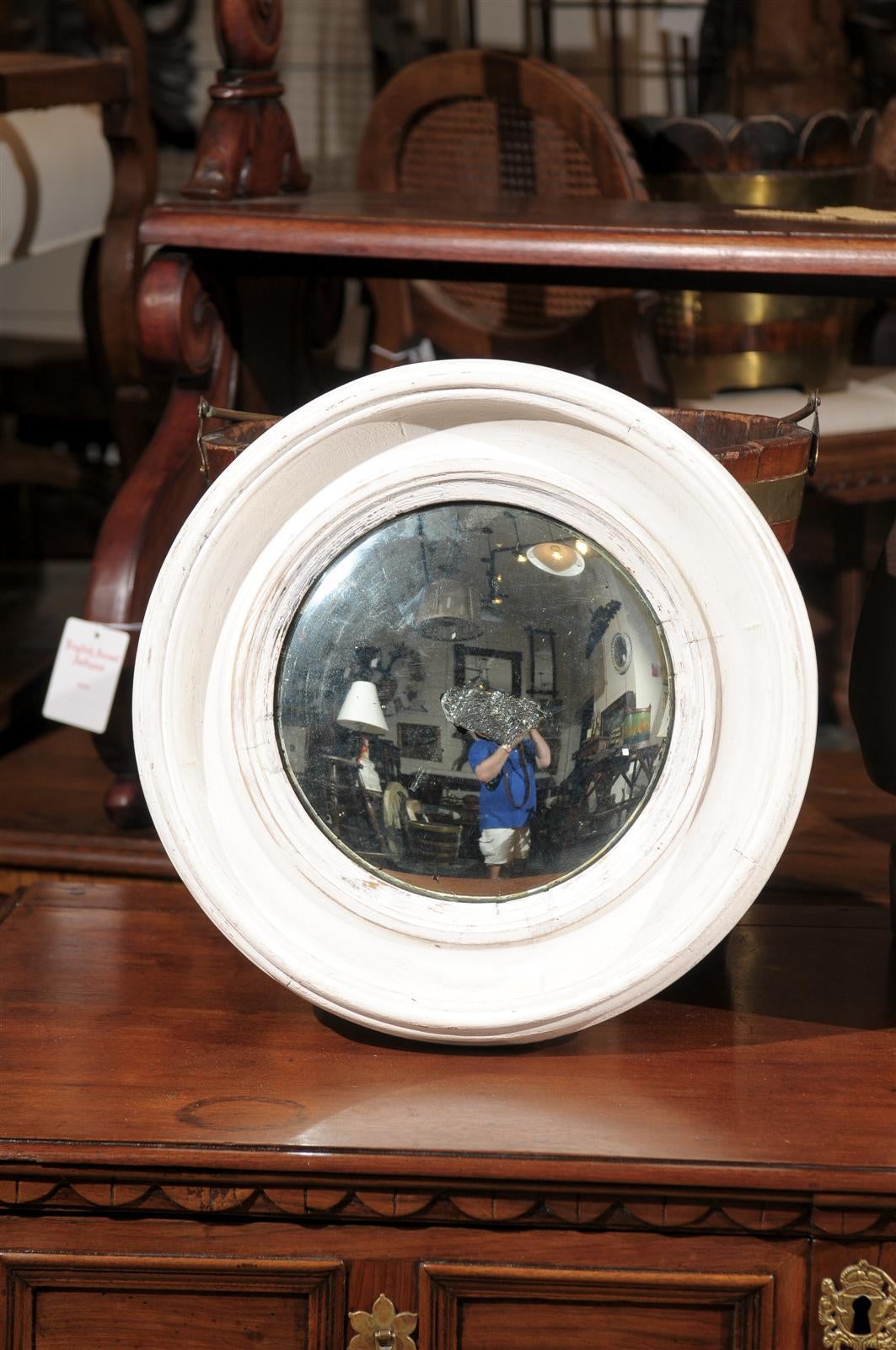 Pair of French Late 19th Century Light Colored Round Mirrors with Convex Glass 3