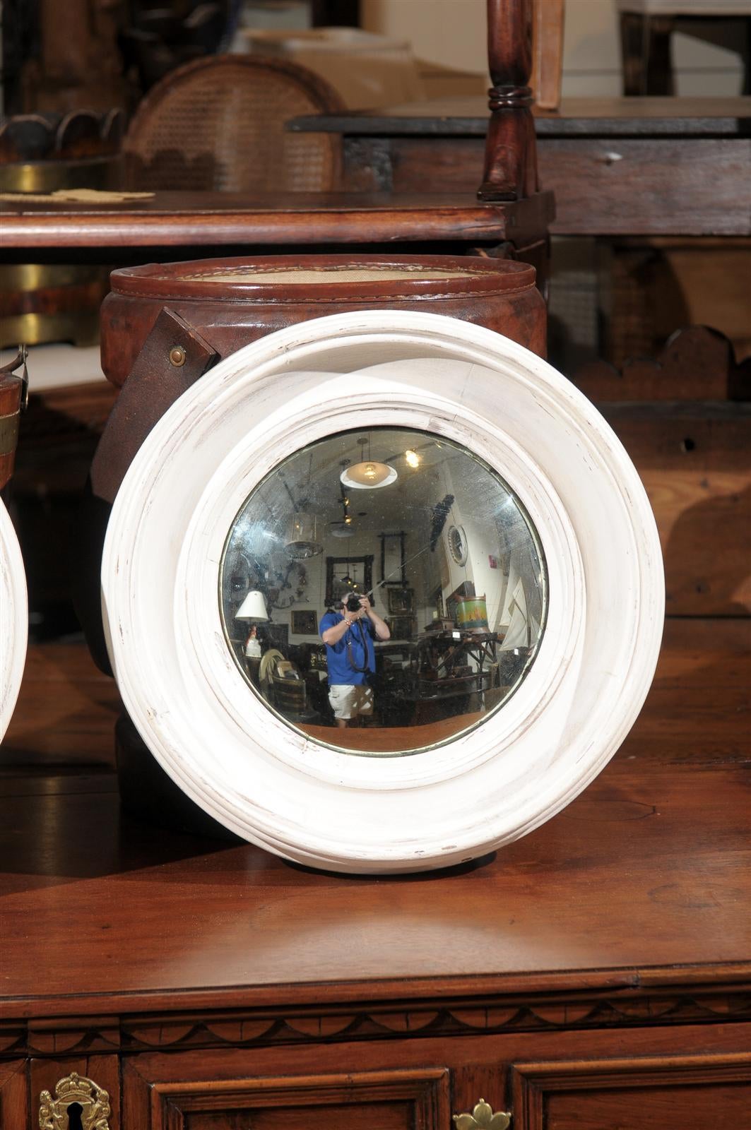 Pair of French Late 19th Century Light Colored Round Mirrors with Convex Glass 2