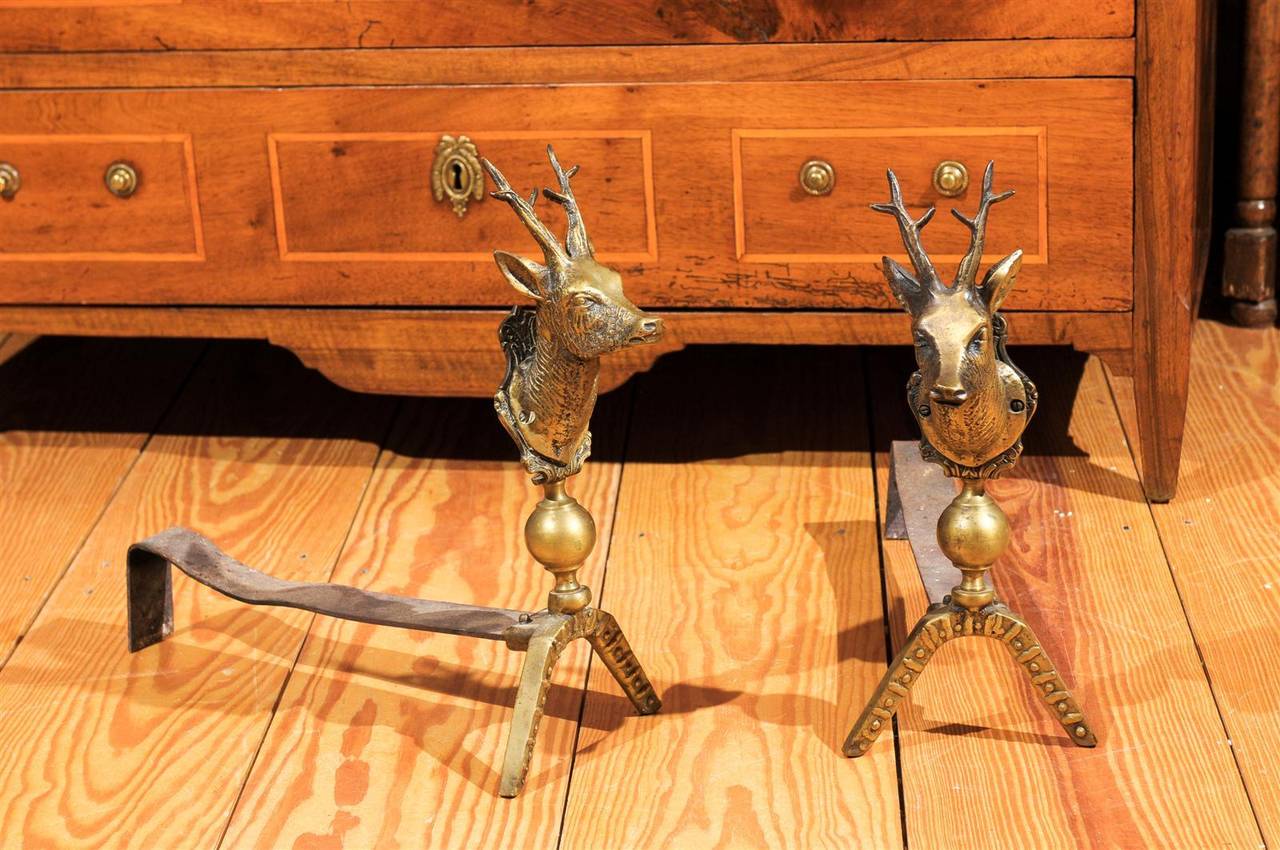 Pair of French brass stag andirons.