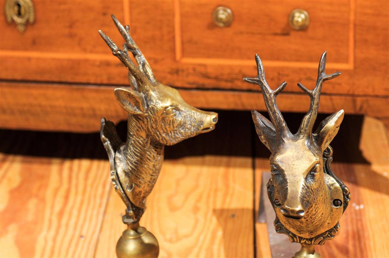 20th Century Pair of Brass Stag Andirons
