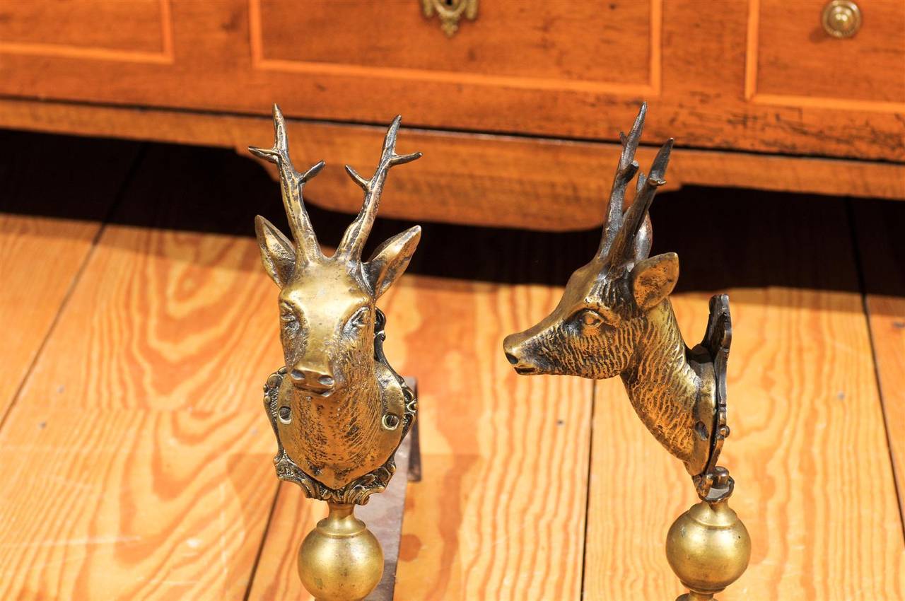 Pair of Brass Stag Andirons In Excellent Condition In Atlanta, GA