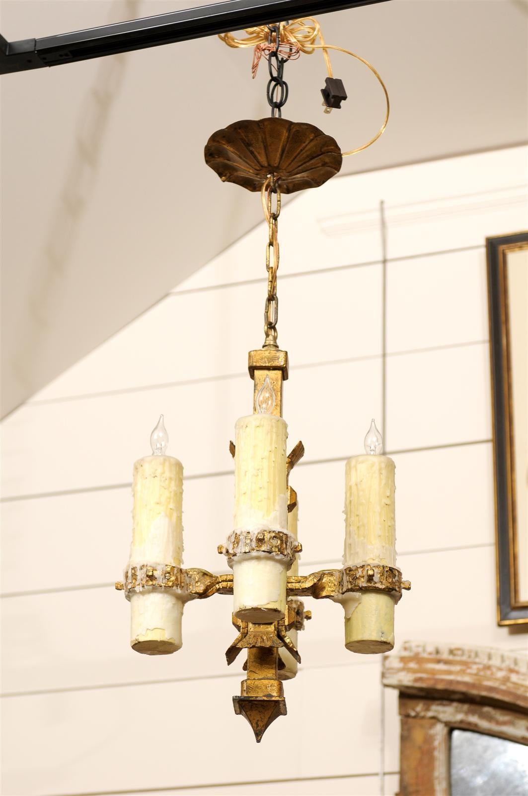 20th Century French Vintage Four-Light Gilt Iron Light Fixture with Large Wax Candles For Sale