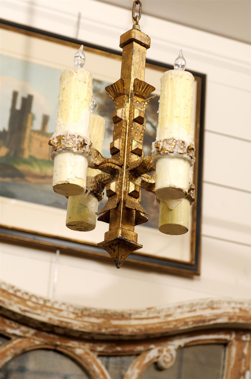 French Vintage Four-Light Gilt Iron Light Fixture with Large Wax Candles For Sale 2