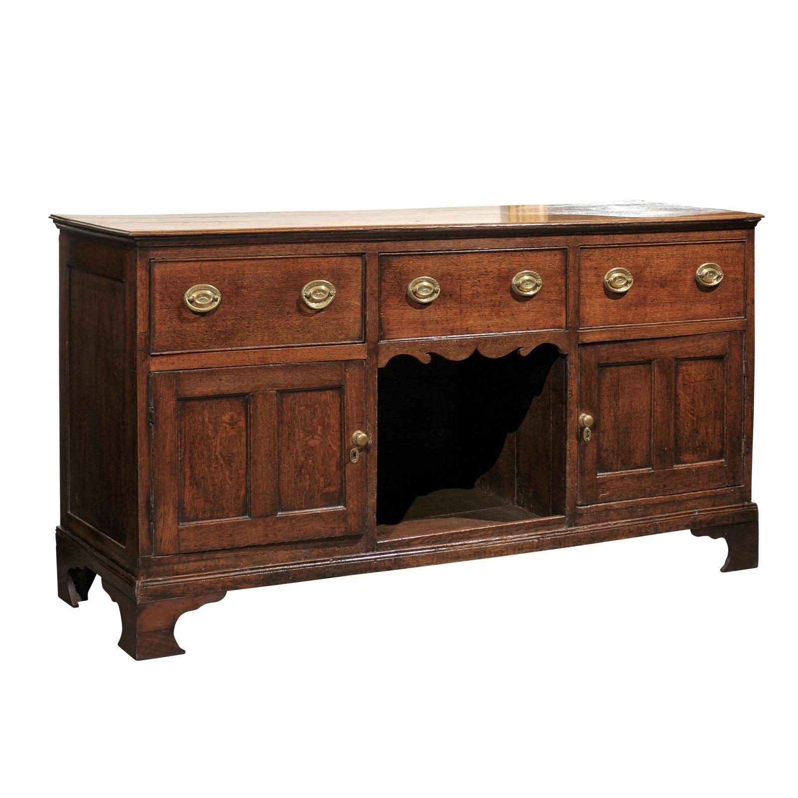 English Oak Dresser Base with Three Drawers over Two Doors and Shelf, circa 1800