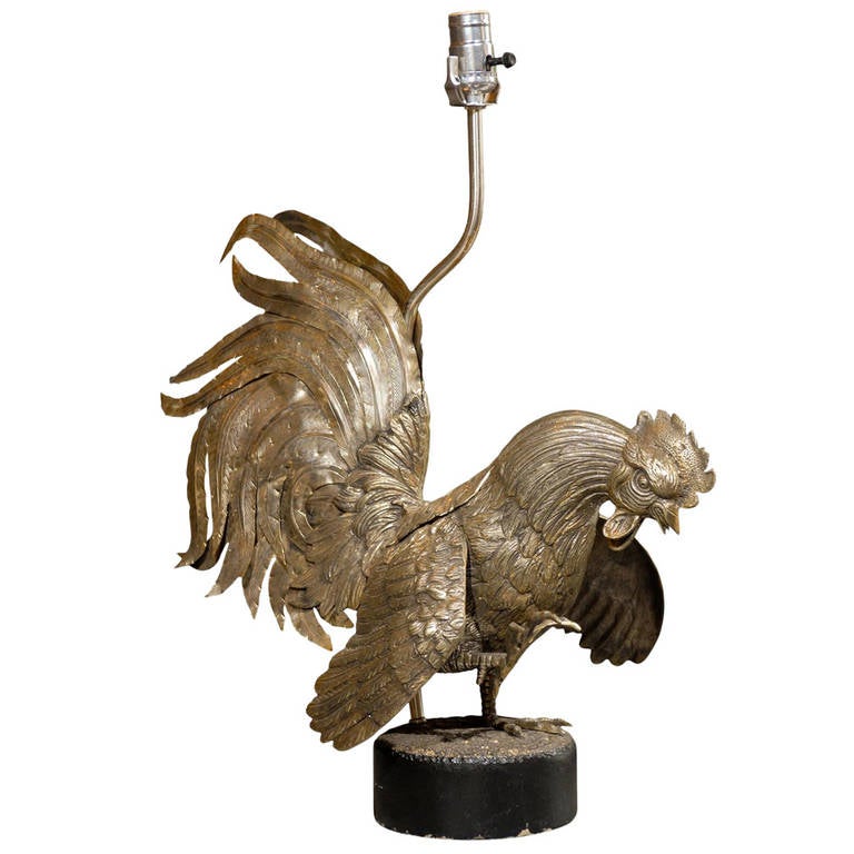 Vintage Italian Brass Rooster Table Lamp On Old Iron Circular Base Vintage Italian Brass Rooster Table Lamp On Old Iron Circular Base For