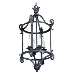 French 1920s Wrought-Iron Four Light wired Lantern with Acanthus Leaf Accents