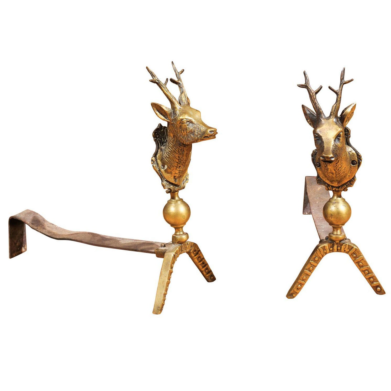 Pair of Brass Stag Andirons