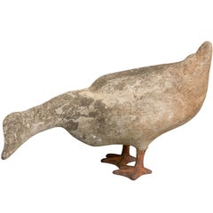 Vintage Carved Stone Duck Sculpture with Iron Webbed Feet from the 1930s