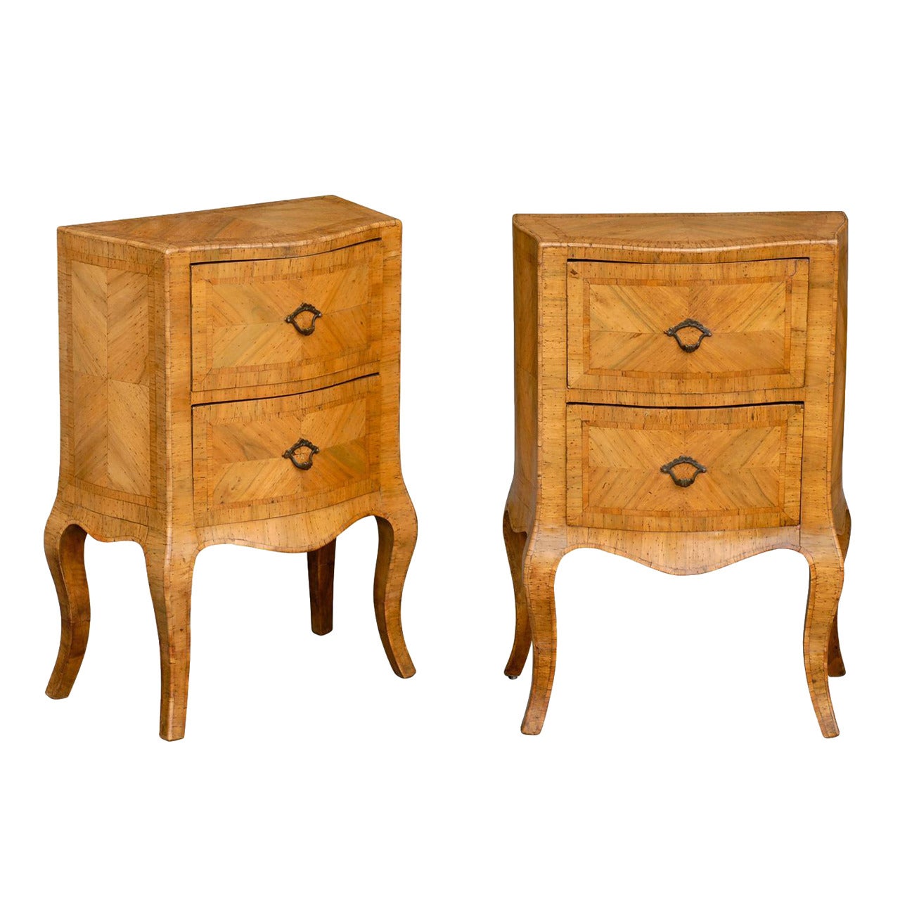 Pair of 19th Century Italian Bombé Two-Drawer Commodes with Marquetry Veneer