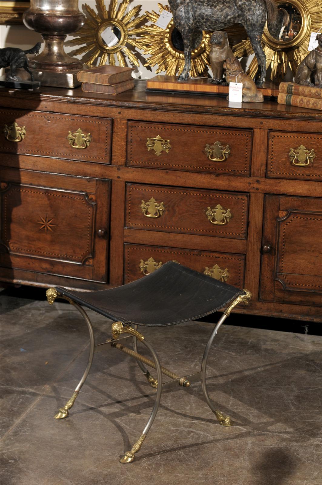 Italian Directoire Style Steel and Brass Stool with Ram’s Heads and Hoof Feet In Good Condition In Atlanta, GA