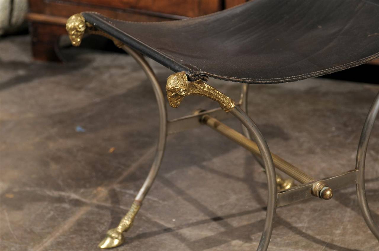 Italian Directoire Style Steel and Brass Stool with Ram’s Heads and Hoof Feet 4