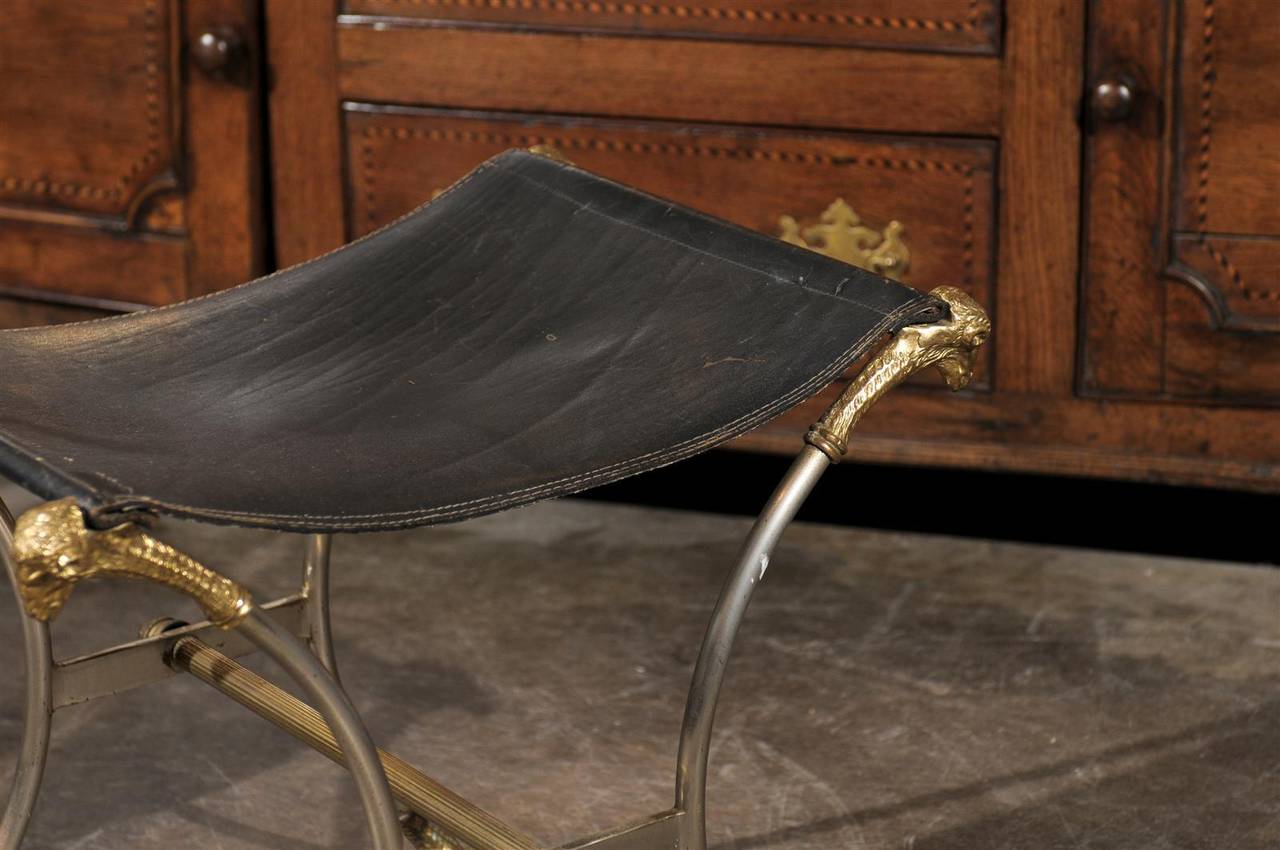 Italian Directoire Style Steel and Brass Stool with Ram’s Heads and Hoof Feet 3