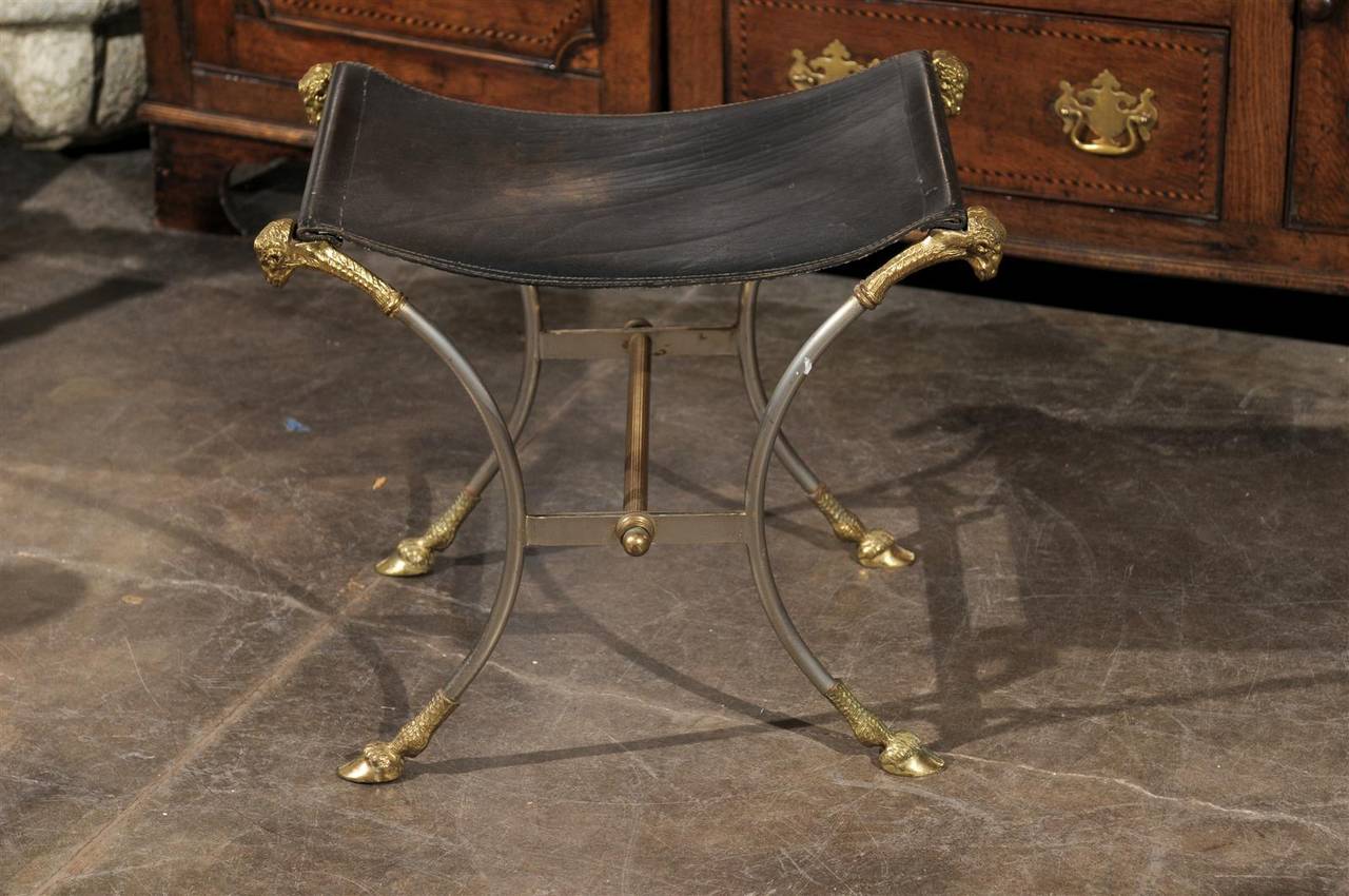 Italian Directoire Style Steel and Brass Stool with Ram’s Heads and Hoof Feet 2