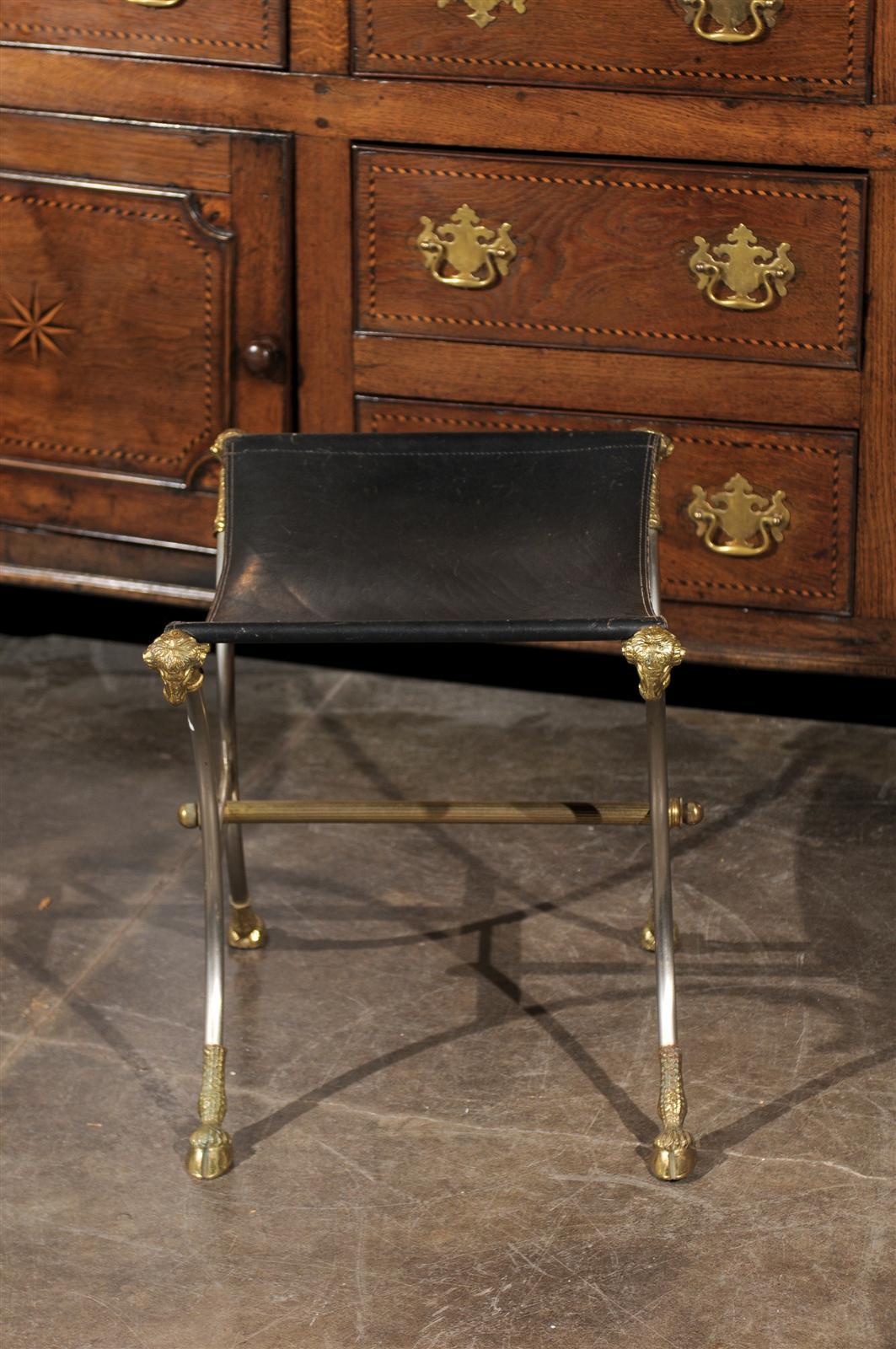 20th Century Italian Directoire Style Steel and Brass Stool with Ram’s Heads and Hoof Feet