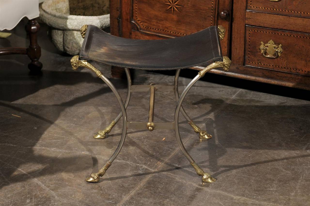 Italian Directoire Style Steel and Brass Stool with Ram’s Heads and Hoof Feet 1