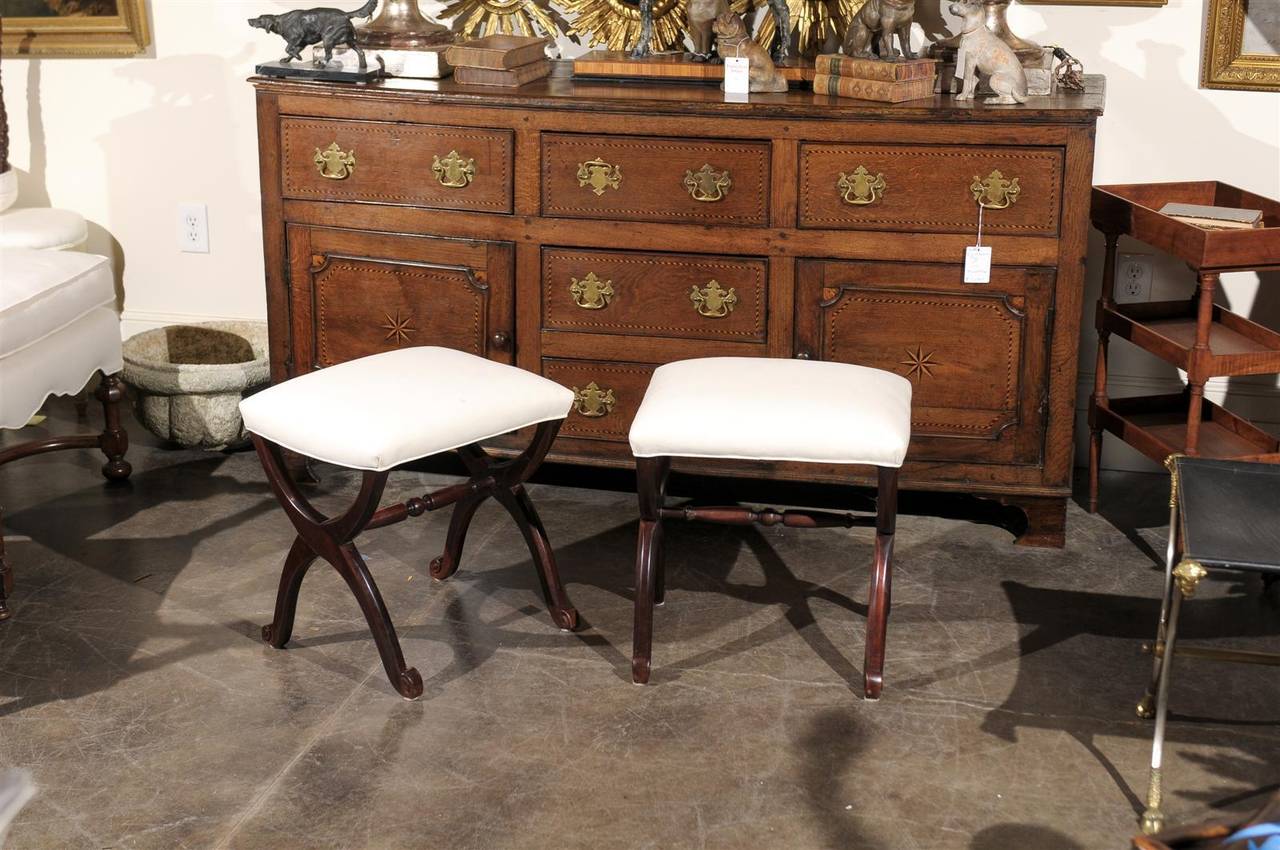 Pair of 1880s French Dark Mahogany X-Form Stools with New Muslin Upholstery In Good Condition In Atlanta, GA