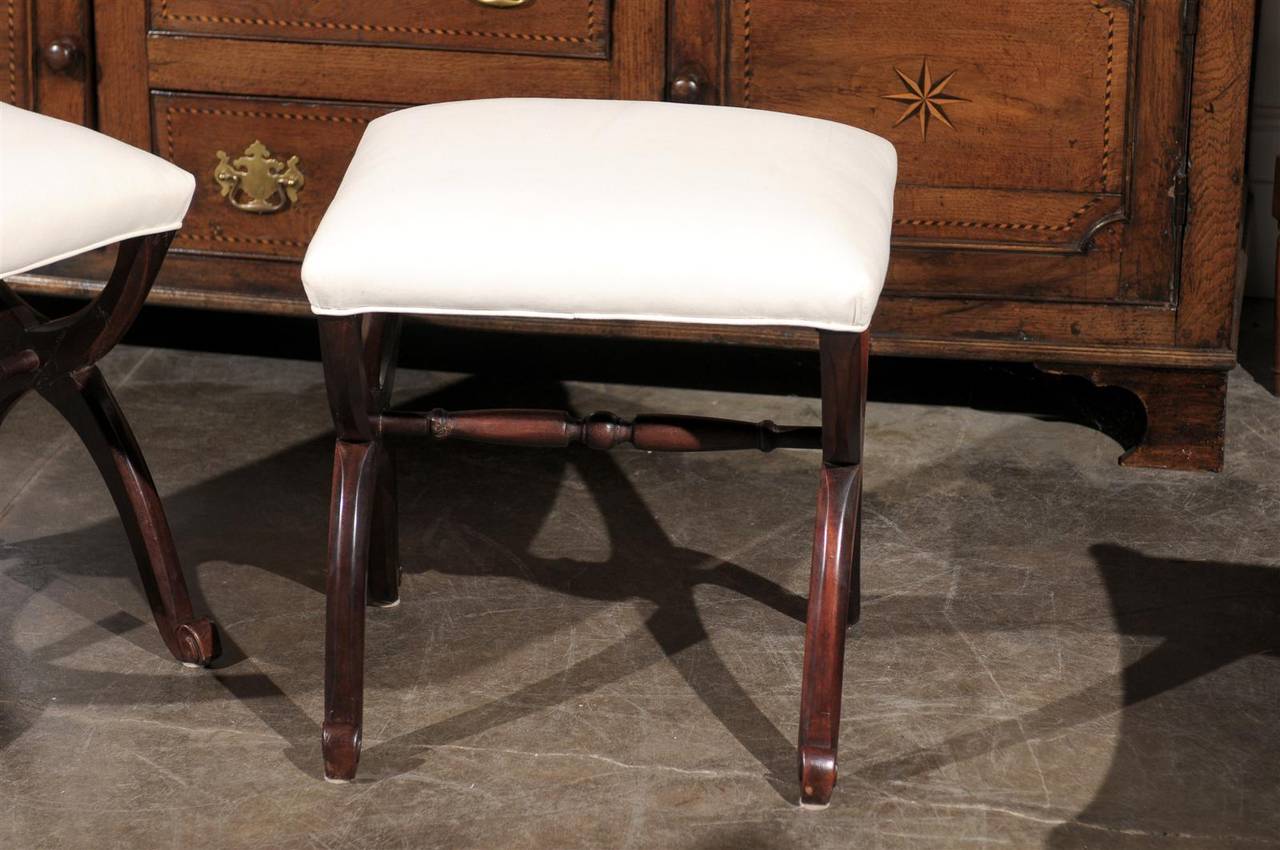 Pair of 1880s French Dark Mahogany X-Form Stools with New Muslin Upholstery 5