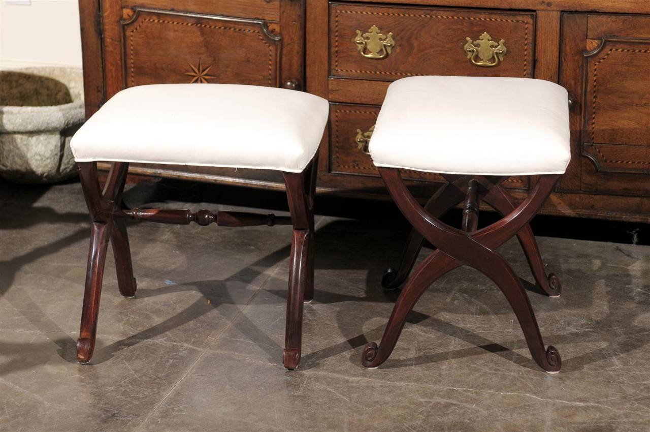 Pair of 1880s French Dark Mahogany X-Form Stools with New Muslin Upholstery 4